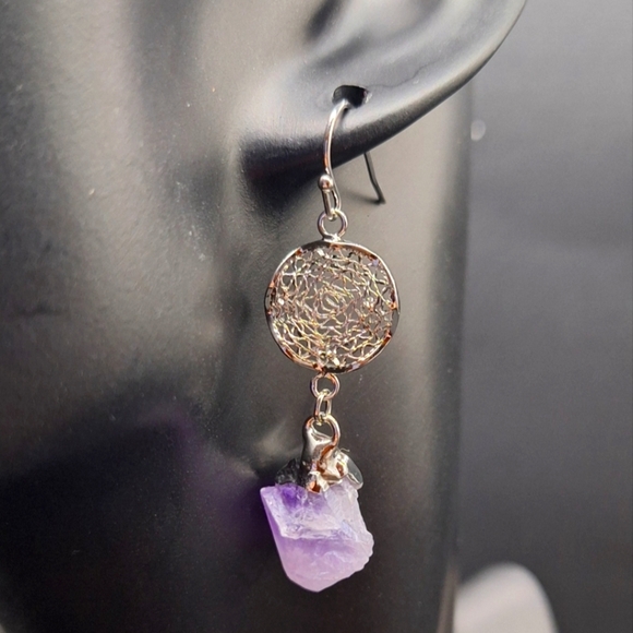Amethyst Dreamcatcher Earrings – Spiritual Healing Crystal Jewelry - Picture 1 of 6